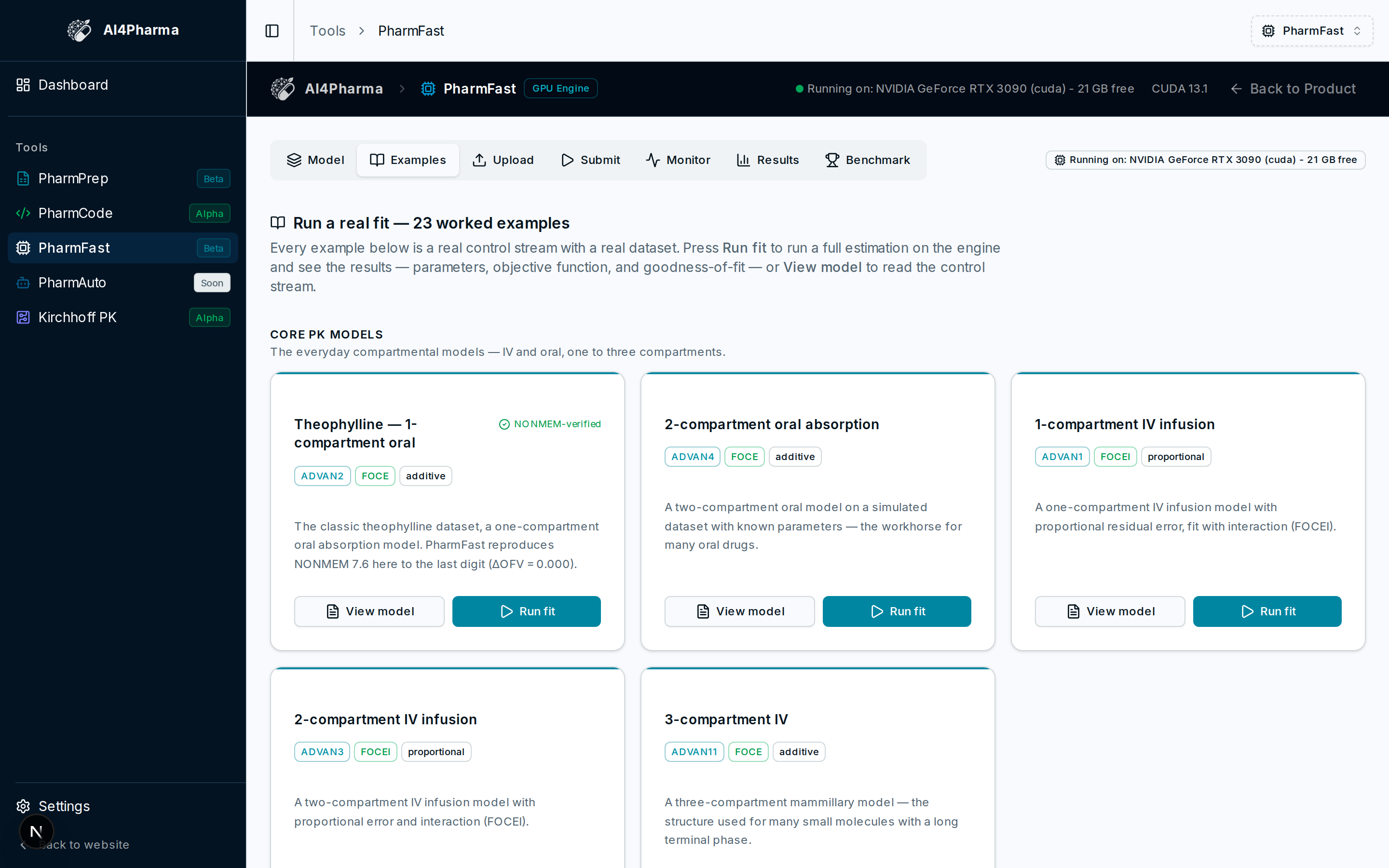 23 runnable worked examples — every ADVAN, method, and error model.